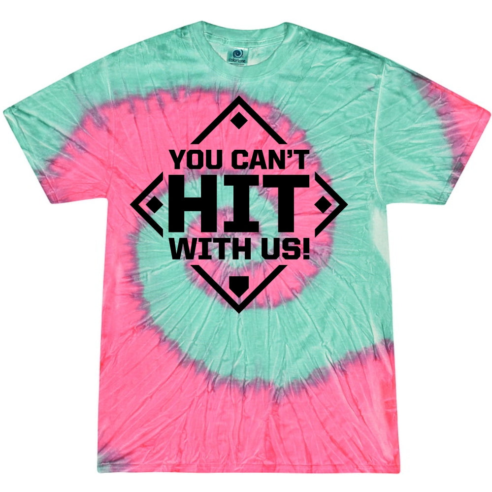 The DSG Apparel You Can't Hit With Us Tie Dye T-Shirt (TD-YCHWU) features pink and turquoise tie-dye with a diamond-shaped border, pre-shrunk cotton, double-needle hem, and bold black YOU CANT HIT WITH US! text on the front.