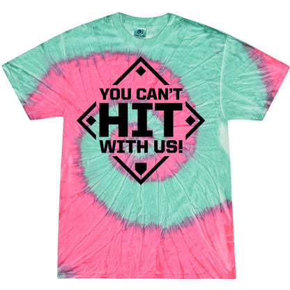 The DSG Apparel You Can't Hit With Us Tie Dye T-Shirt (TD-YCHWU) features pink and turquoise tie-dye with a diamond-shaped border, pre-shrunk cotton, double-needle hem, and bold black YOU CANT HIT WITH US! text on the front.