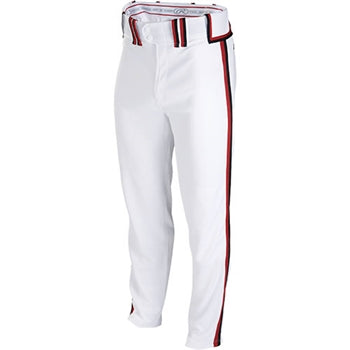 The Rawlings Youth Premium Plated Braid Baseball Pants (YRP150) feature a white, semi-relaxed fit with red stripes, crafted in a pro-style design for young baseball players.