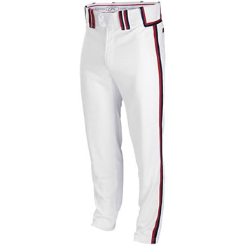 The Rawlings Youth Premium Plated Braid Baseball Pants (YRP150) feature a red, navy, and white side stripe and matching waistband. Made from 2-way stretch polyester for comfort, these Rawlings pants are shown against a plain background.