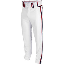 The Rawlings Youth Premium Plated Braid Baseball Pants (YRP150) feature a red, navy, and white side stripe and matching waistband. Made from 2-way stretch polyester for comfort, these Rawlings pants are shown against a plain background.