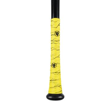 A yellow bat with a black handle, featuring VukGripz Bat Grip Tape from VukGripz for optimum grip.