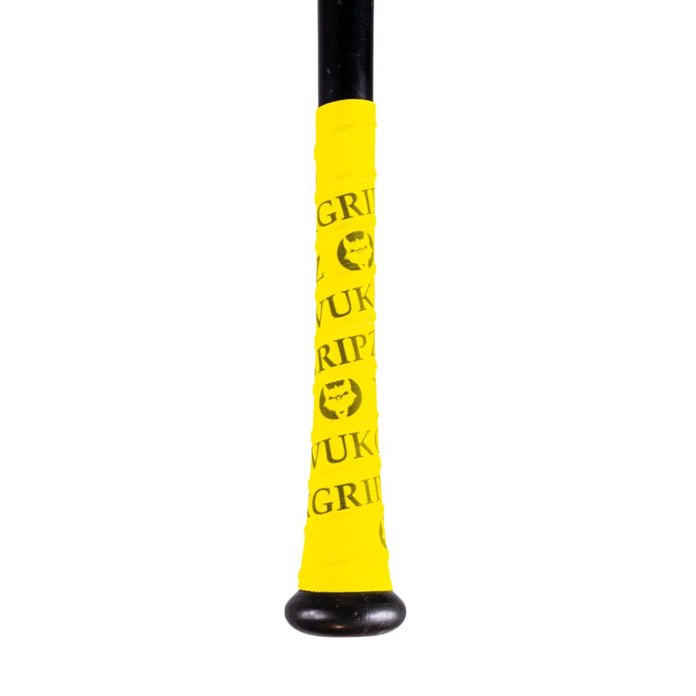 A close-up of the handle of a black baseball bat wrapped with VukGripz Bat Grip Tape by VukGripz, featuring bright yellow color with black text and a graphic pattern for enhanced grip.