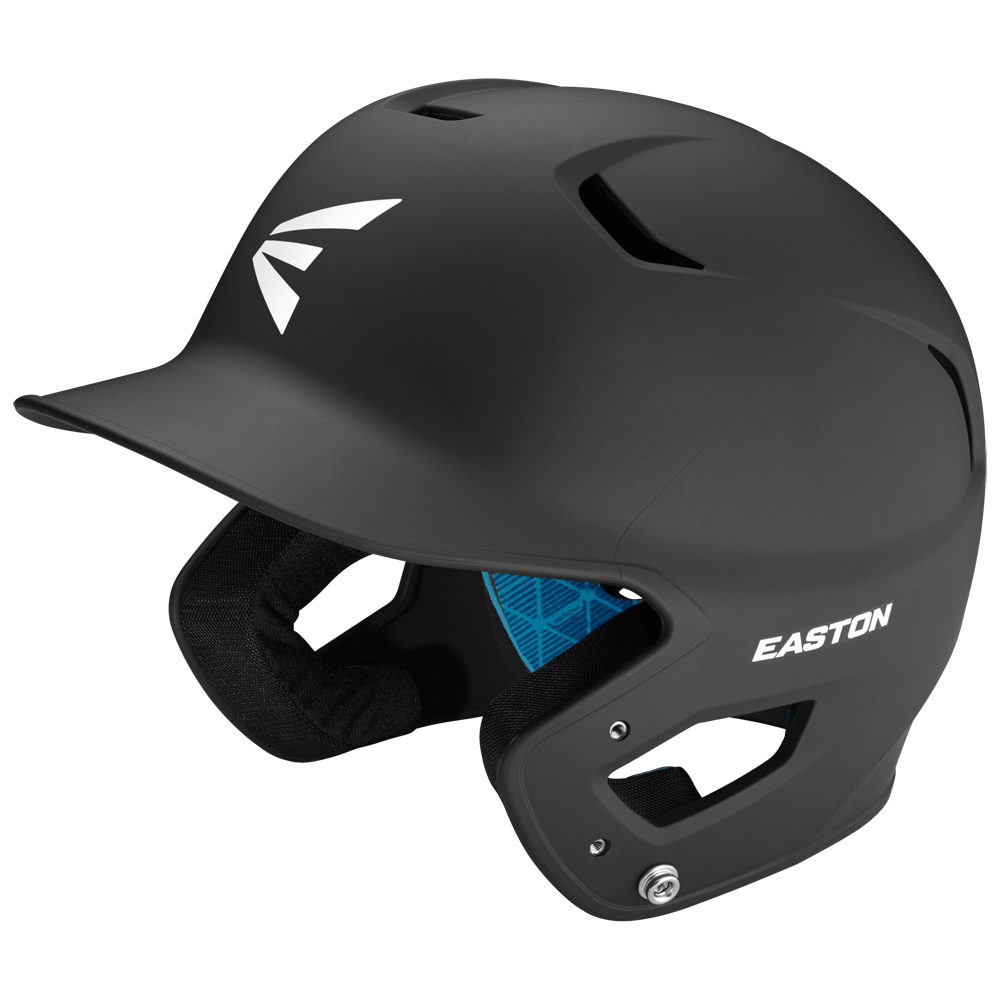 The Easton Z5 2.0 Grip Matte Solid Batting Helmet (Z52MT) features a matte black finish, single ear guard, blue inner padding, and white Easton logos; NOCSAE certified for safety and style.