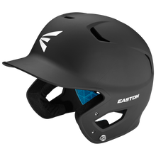 The Easton Z5 2.0 Grip Matte Solid Batting Helmet (Z52MT) features a matte black finish, single ear guard, blue inner padding, and white Easton logos; NOCSAE certified for safety and style.