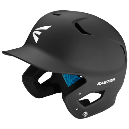 The Easton Z5 2.0 Grip Matte Solid Batting Helmet (Z52MT) features a matte black finish, single ear guard, blue inner padding, and white Easton logos; NOCSAE certified for safety and style.