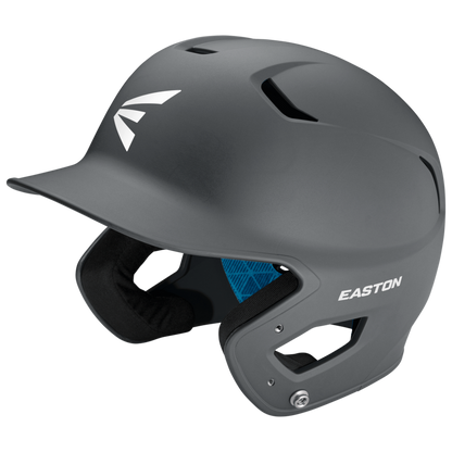 The Easton Z5 2.0 Grip Matte Solid Batting Helmet (Z52MT) features a matte gray finish, ear protection, vented top, bold white EASTON logos, partially visible interior padding, and is NOCSAE certified for safety.