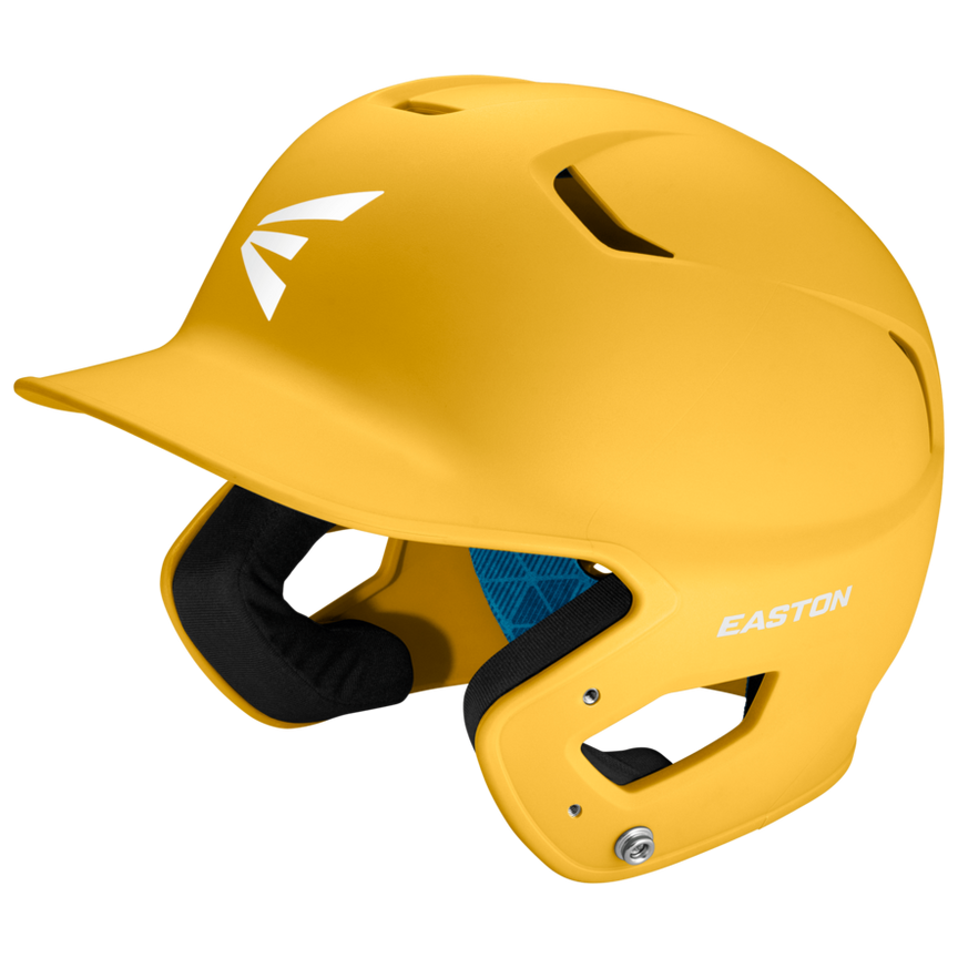 The Easton Z5 2.0 Grip Matte Solid Batting Helmet (Z52MT) is yellow with ear protection, blue interior padding, and ventilation holes; NOCSAE certified and shown on a plain white background.