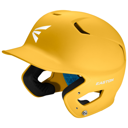 The Easton Z5 2.0 Grip Matte Solid Batting Helmet (Z52MT) is yellow with ear protection, blue interior padding, and ventilation holes; NOCSAE certified and shown on a plain white background.