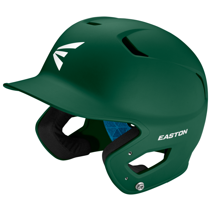The Easton Z5 2.0 Grip Matte Solid Batting Helmet (Z52MT) features ear protection, top ventilation holes, a curved brim, and white Easton logos; this green helmet is NOCSAE certified for safety.