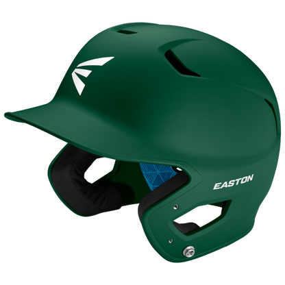 The Easton Z5 2.0 Grip Matte Solid Batting Helmet (Z52MT) features ear protection, top ventilation holes, a curved brim, and white Easton logos; this green helmet is NOCSAE certified for safety.