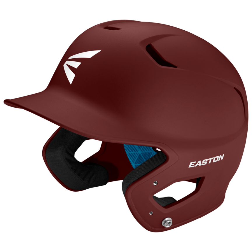 An Easton Z5 2.0 Grip Matte Solid Batting Helmet (Z52MT) in maroon with ear protection, black interior padding, and white Easton logos, NOCSAE certified, is displayed on a plain white background.