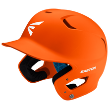 The Easton Z5 2.0 Grip Matte Solid Batting Helmet (Z52MT) features a bright orange finish, side ear protection, black interior padding, top ventilation holes, a visor, white Easton logos, and is NOCSAE certified.