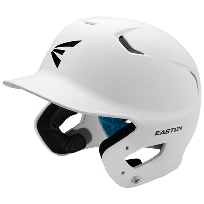 The Easton Z5 2.0 Grip Matte Solid Batting Helmet (Z52MT) features black interior padding, a front visor, dual ear protection, and a black Easton logo. NOCSAE certified, it ensures safety and style on the field.