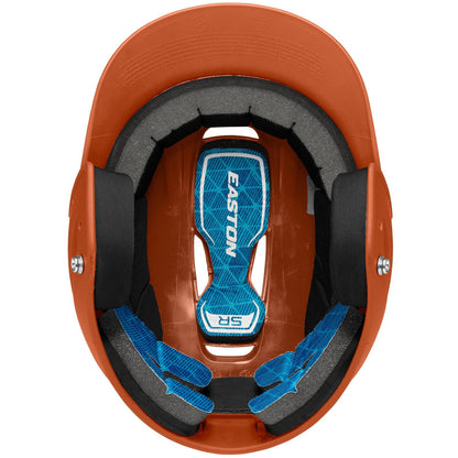 Top view of the Easton Z5 2.0 Grip Matte Solid Batting Helmet (Z52MT) by Easton, showing black padding and blue interior cushioning with "EASTON" on the center pad. NOCSAE certified for comfort and protection on the field.