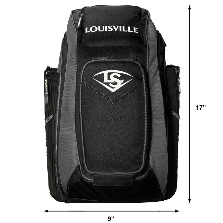 The Louisville Slugger Prime Stick Pack Backpack (WTL9902) is a black baseball backpack with gray accents, logo on the front, zippered side pockets, and measures 17" x 9"—ideal as a bat bag for athletes.