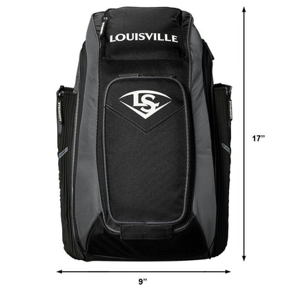 The Louisville Slugger Prime Stick Pack Backpack (WTL9902) is a black baseball backpack with gray accents, logo on the front, zippered side pockets, and measures 17" x 9"—ideal as a bat bag for athletes.