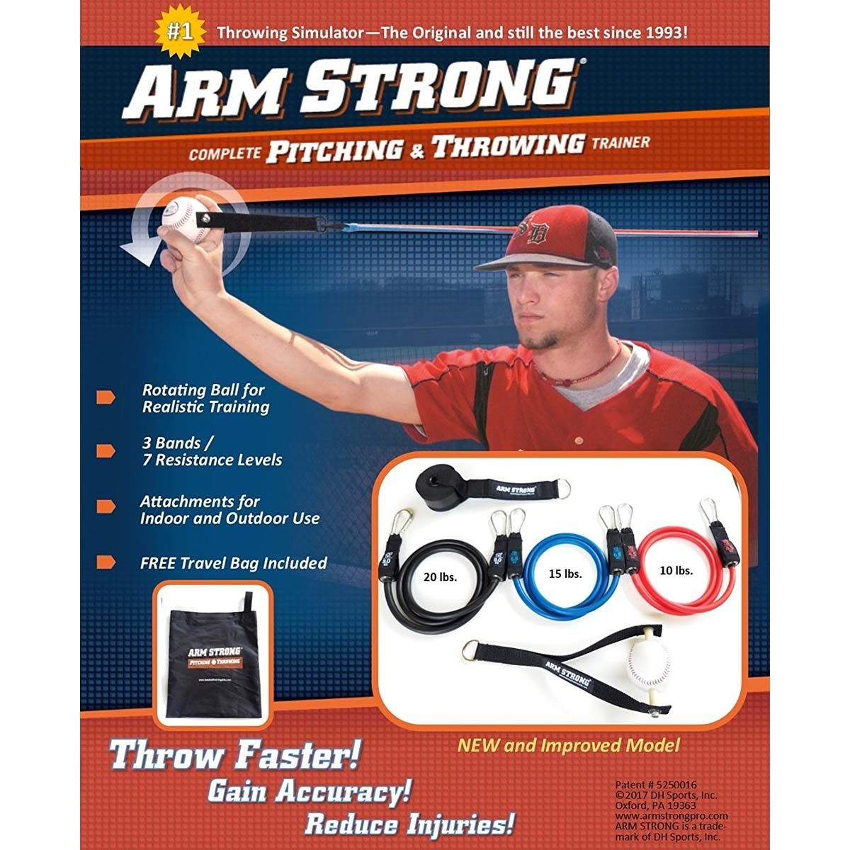 A promo image for Markwort’s Arm Strong Pitching & Throwing Trainer: ASB shows a man in red using the device, with resistance bands and carrying bag displayed—ideal for improving throwing accuracy and building baseball arm strength.