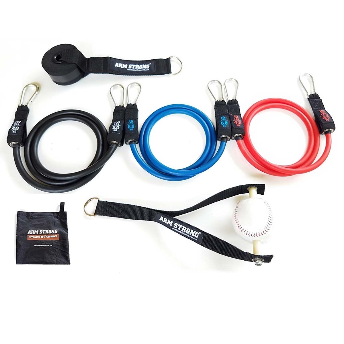 The Markwort Arm Strong Pitching & Throwing Trainer: ASB includes 3 resistance bands (black, blue, red) with clips, a black strap, carrying pouch, and baseball-attached strap—ideal for strengthening arms and improving throwing accuracy.