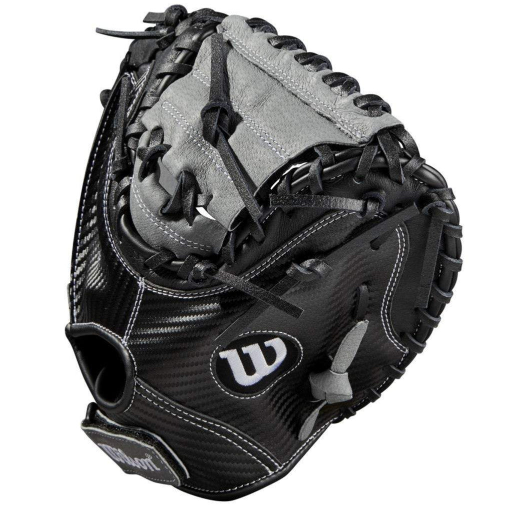 The Wilson A360 31.5" Baseball Catcher's Mitt (WBW100190315) features black and gray design, visible stitching, laces, and the classic Wilson logo—ideal as a youth catcher's glove for growing players.