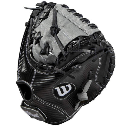 The Wilson A360 31.5" Baseball Catcher's Mitt (WBW100190315) features black and gray design, visible stitching, laces, and the classic Wilson logo—ideal as a youth catcher's glove for growing players.