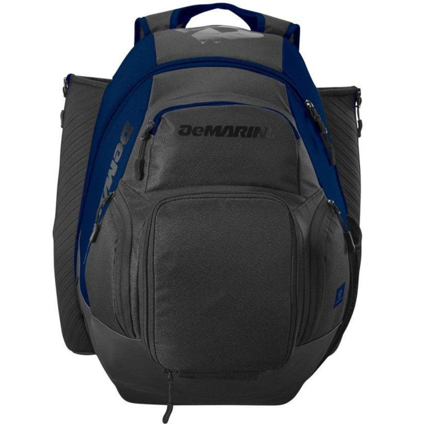 The DeMarini Voodoo OG Backpack: WB57117 is a gray and navy blue baseball backpack with multiple zippered compartments and side pockets, shown from the front against a white background.
