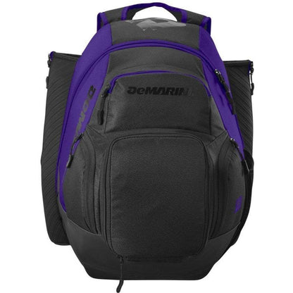 The DeMarini Voodoo OG Backpack (WB57117) in black and purple features multiple zippered compartments, side pockets, and a top handle—ideal as a versatile baseball bat bag or everyday sports backpack.