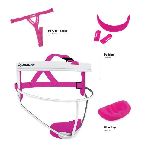 The Rip It Defense Softball Fielder’s Mask (RIPDG) by Rip It features a white face frame, pink ponytail strap, padding, and chin cup—all labeled and separated for clarity as essential protective softball gear.