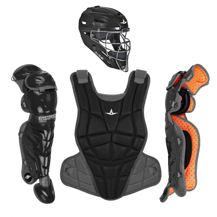 The All Star AFx Fastpitch Catcher's Leg Guards (LGW-AFX) set includes black leg guards showing padded orange interiors, a helmet with a metal face mask, and a chest protector—all by All Star.