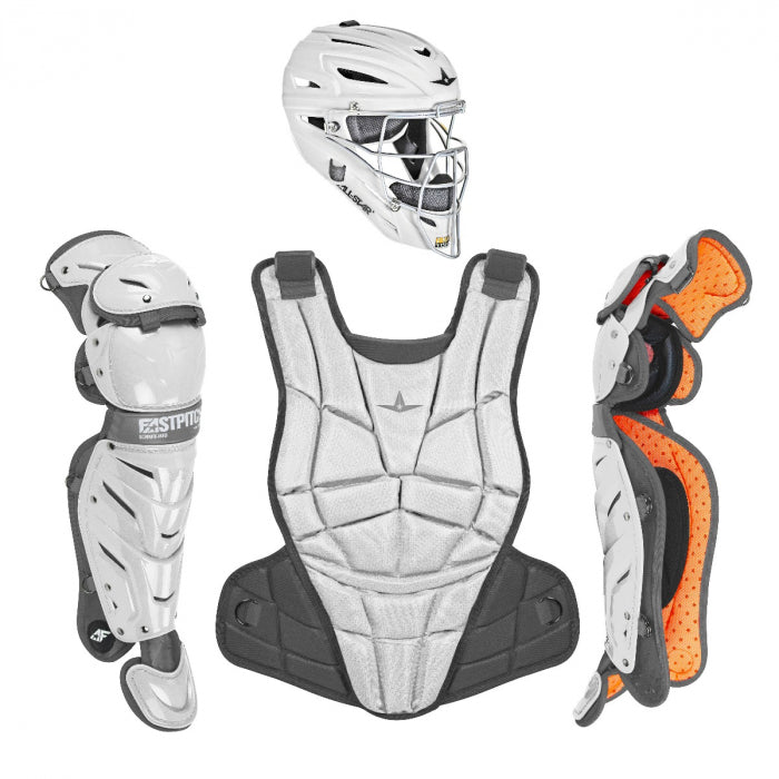 The All Star AFx Fastpitch set features a white helmet with face mask, a women’s CPW-AFX chest protector by All Star, and leg guards with bright orange padding for superior safety and comfort.