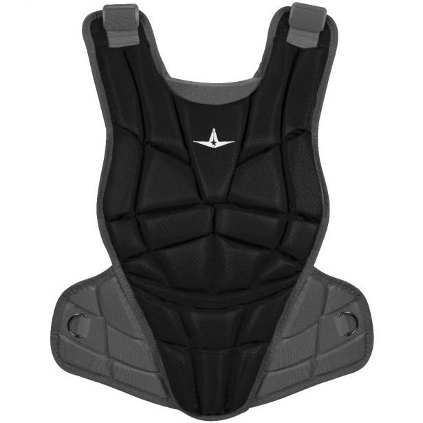 The All Star AFx Fastpitch Catcher's Chest Protector: CPW-AFX features a black and gray contoured fit with shoulder straps, side flaps, and a small white logo—ideal as women’s softball protective gear.
