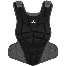 The All Star AFx Fastpitch Catcher's Chest Protector: CPW-AFX features a black and gray contoured fit with shoulder straps, side flaps, and a small white logo—ideal as women’s softball protective gear.
