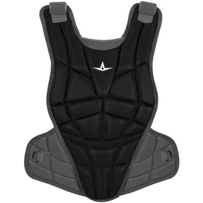 The All Star AFx Fastpitch Catcher's Chest Protector: CPW-AFX features a black and gray contoured fit with shoulder straps, side flaps, and a small white logo—ideal as women’s softball protective gear.