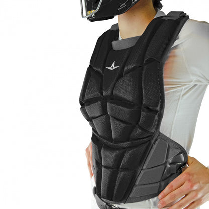 A person wearing the All Star AFx Fastpitch Catcher's Chest Protector: CPW-AFX over a white shirt and helmet, shown from shoulders to waist—ideal advanced protective softball gear from All Star.