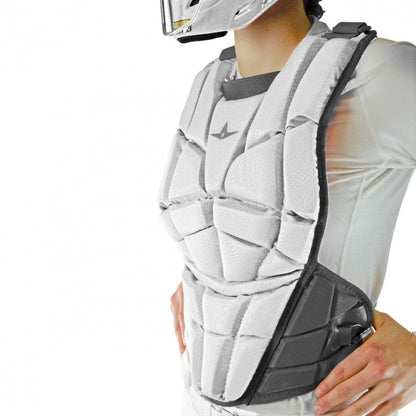 A person is shown from shoulders to waist wearing the All Star AFx Fastpitch Catcher's Chest Protector CPW-AFX and helmet—perfect advanced softball protection from All Star.
