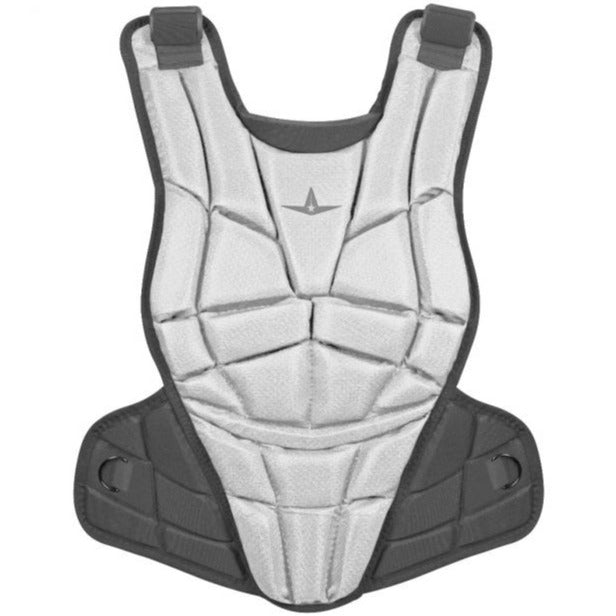 The All Star AFx Fastpitch Catcher's Chest Protector: CPW-AFX is a white women's chest protector with black straps, contoured for a secure fit—ideal protective gear for softball players.