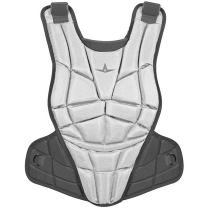The All Star AFx Fastpitch Catcher's Chest Protector: CPW-AFX is a white women's chest protector with black straps, contoured for a secure fit—ideal protective gear for softball players.