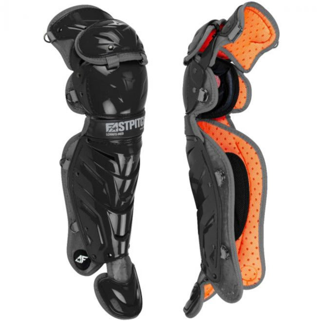The All Star AFx Fastpitch Catcher's Leg Guards: LGW-AFX are black and orange women's leg guards, designed for superior protection and comfort.