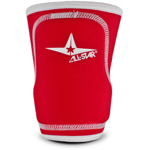 A scarlet All Star knee pad with white trim and stitching, featuring a star logo and ALL-STAR text—ideal protection to pair with your All Star D3O Protection Compression Wrist Guard: WG5000.
