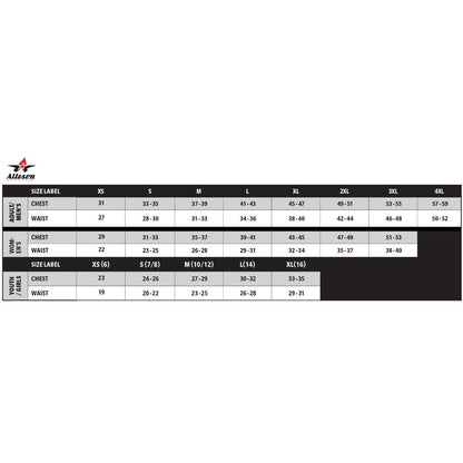 Sizing chart for Alleson Youth Crush Knicker Baseball Pants with Piping (655PKBY) shows youth sizes XS–4XL, including chest and waist in inches. Use for selecting double-knit polyester pants with pro-style belt loops, shown in a black, white, and gray table.