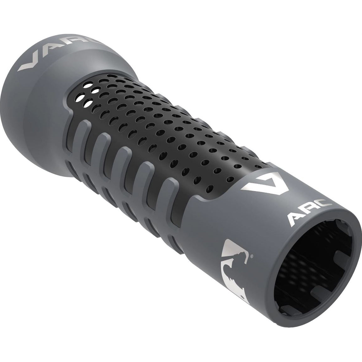 The Varo ARC 12 oz Bat Weight, a gray cylindrical grip with perforated holes, textured grooves, and "ARC" in white on the side, is ideal for athletes focused on improving swing mechanics and batting.