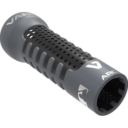 The Varo ARC 12 oz Bat Weight, a gray cylindrical grip with perforated holes, textured grooves, and "ARC" in white on the side, is ideal for athletes focused on improving swing mechanics and batting.
