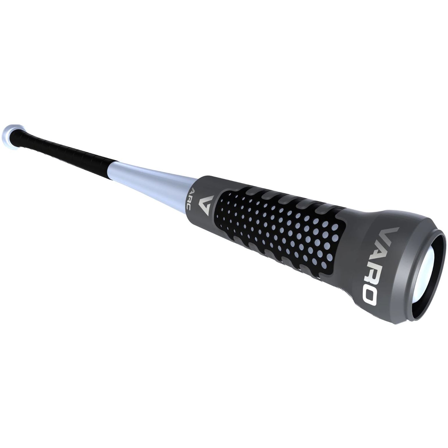 A close-up of a silver bat with black grip and a gray Varo ARC 12 oz Bat Weight (ARCBG / ARCLGSB) attached near the barrel, designed to improve swing mechanics.