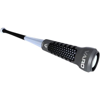 A close-up of a silver bat with black grip and a gray Varo ARC 12 oz Bat Weight (ARCBG / ARCLGSB) attached near the barrel, designed to improve swing mechanics.