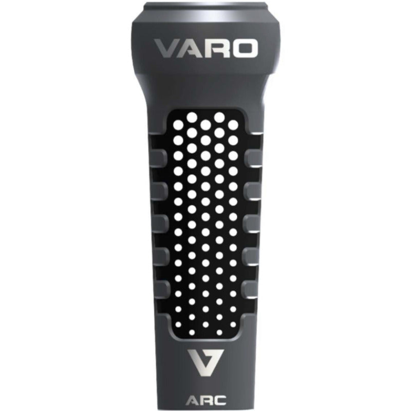 The Varo ARC 12 oz Bat Weight in black and gray, featuring the Varo logo, perforated holes, and textured surface, is designed to enhance grip—perfect for improving batting skills and swing mechanics.