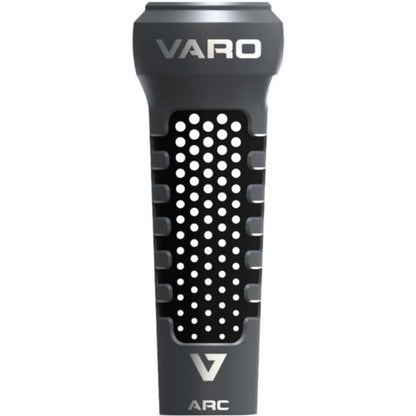 The Varo ARC 12 oz Bat Weight in black and gray, featuring the Varo logo, perforated holes, and textured surface, is designed to enhance grip—perfect for improving batting skills and swing mechanics.