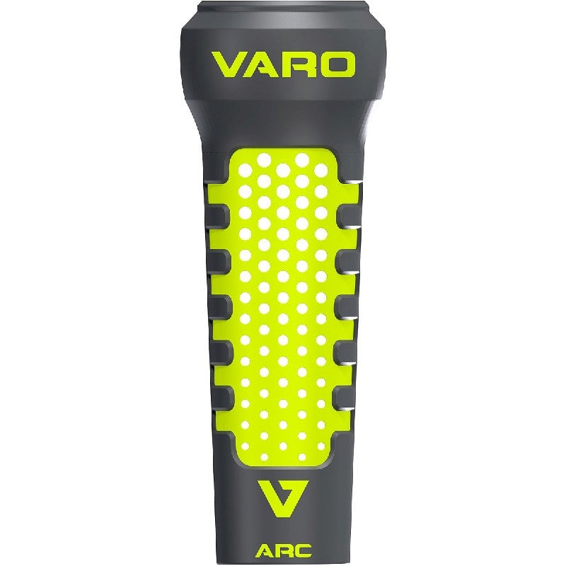 The Varo ARC 12 oz Bat Weight (ARCBG/ARCLGSB) features a gray and neon yellow grip with "VARO" and "ARC" branding, a dotted texture, and a central rectangular yellow section to help improve batting performance.