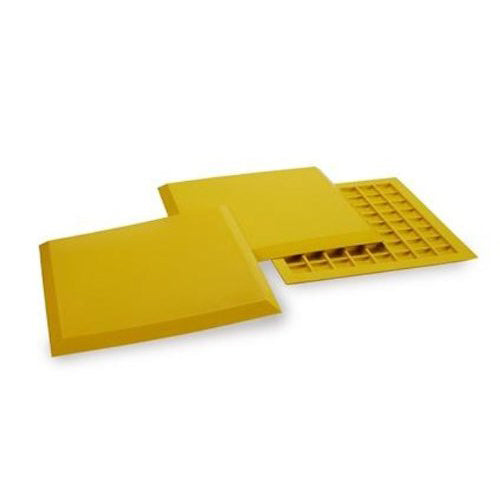 Athletic Specialties Throw Down Bases (Set of 3): SB1 by Athletic Specialties—three yellow bases, two with smooth surfaces and one revealing a waffle grip underside—help reduce vibrations under heavy equipment.