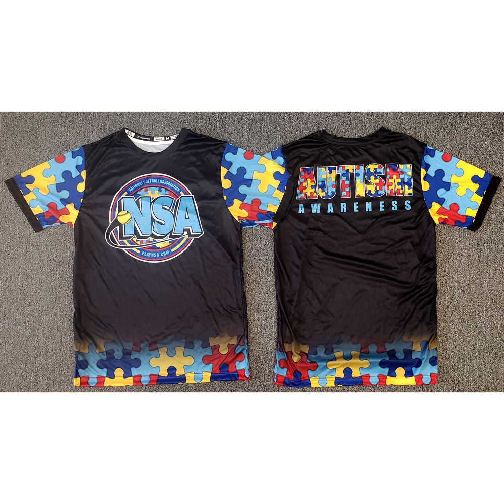 The DSG Apparel National Softball Association NSA Autism Awareness Sublimated Short Sleeve Shirt features black fabric with colorful puzzle piece accents, an NSA logo on the front, and "Autism Awareness" in bold multicolored letters on the back.