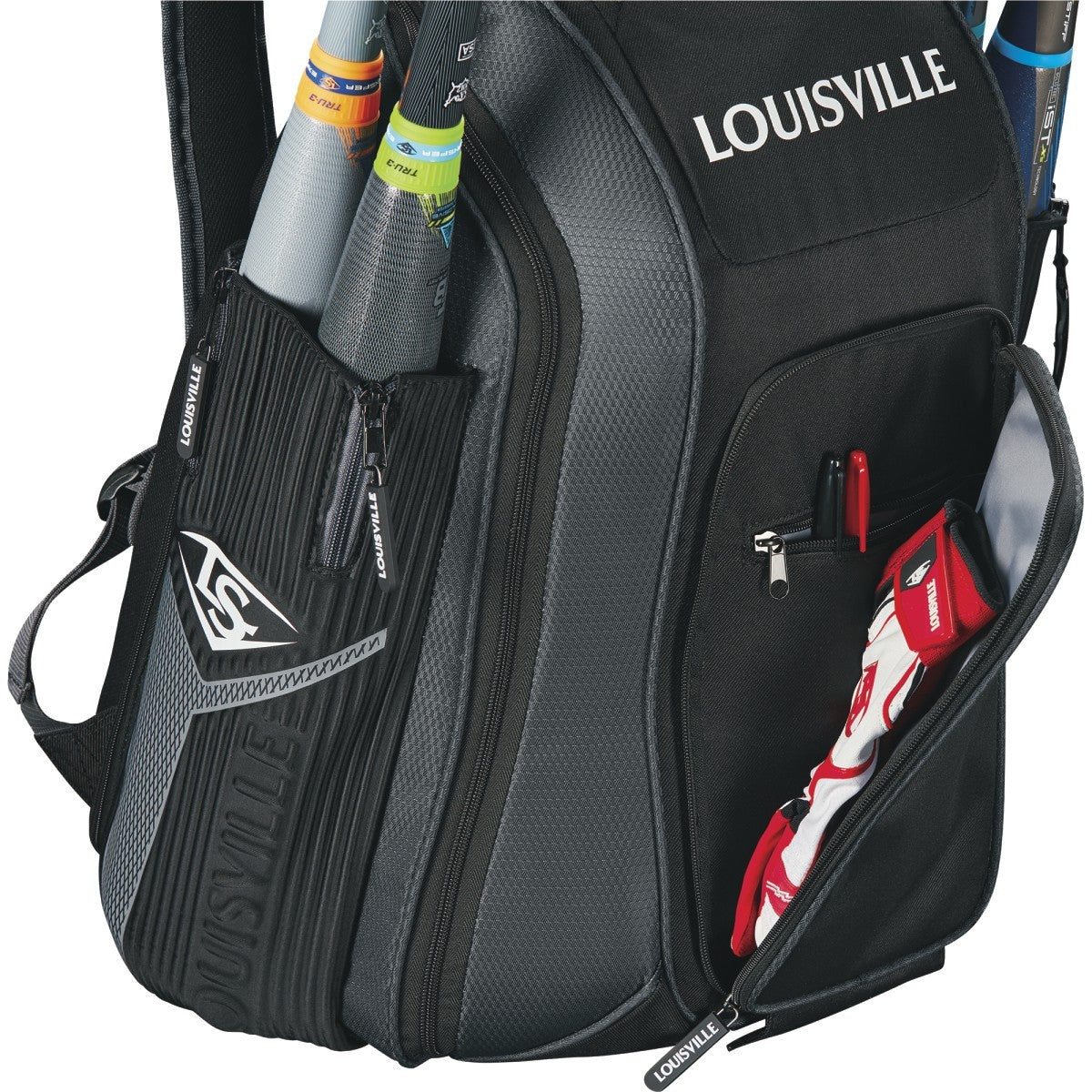 A Louisville Slugger Prime Stick Pack Backpack (WTL9902) in black and gray holds several bats, with a zippered pocket showing white and red batting gloves and a small red item.